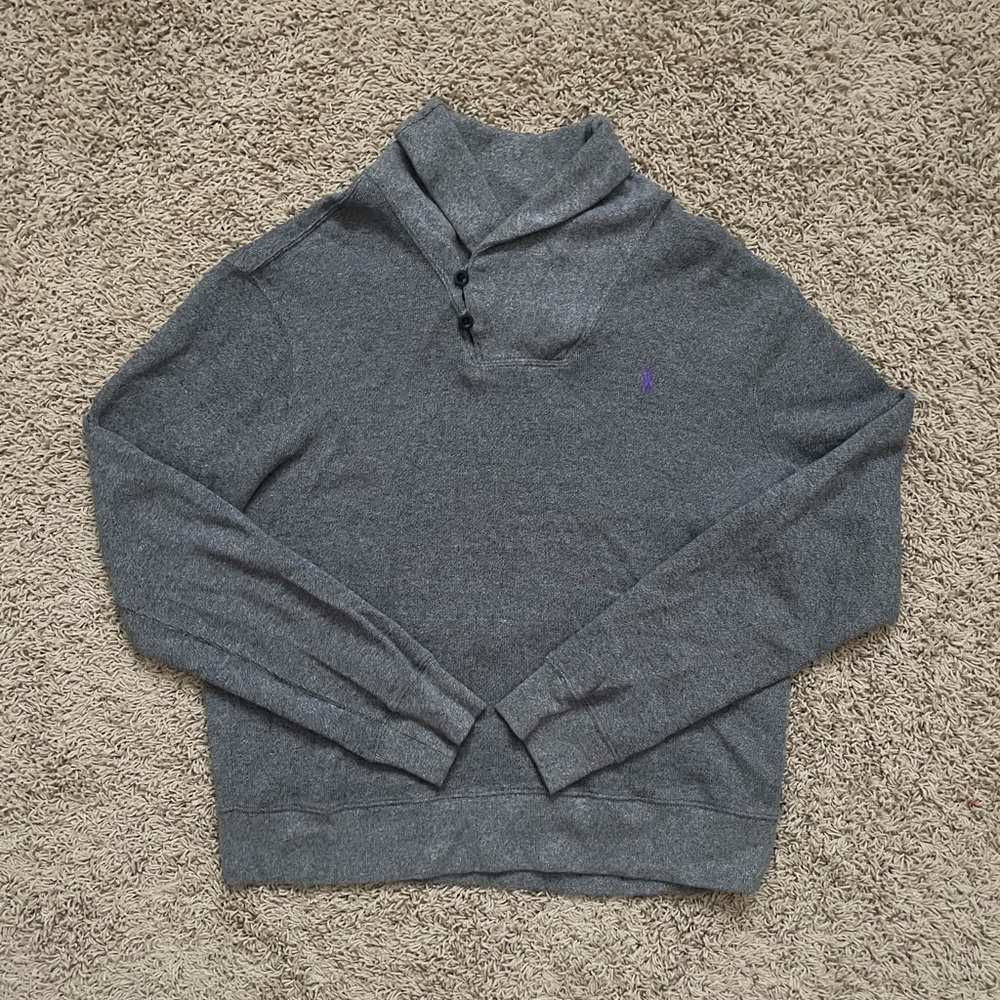 Vintage Polo Ralph Lauren Sweater Men Large Gray Shawl Collar Cotton Small Pony